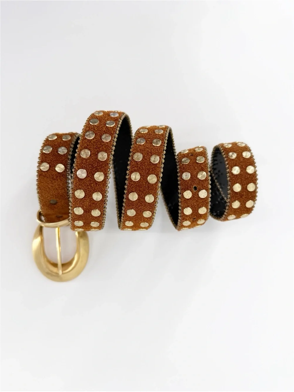 Vintage Leather Belt Brown with Gold Tone Studs & Buckle Medium